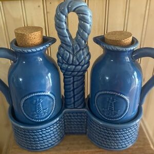 American Atelier Nautical Blue oil and vinegar set stoneware.